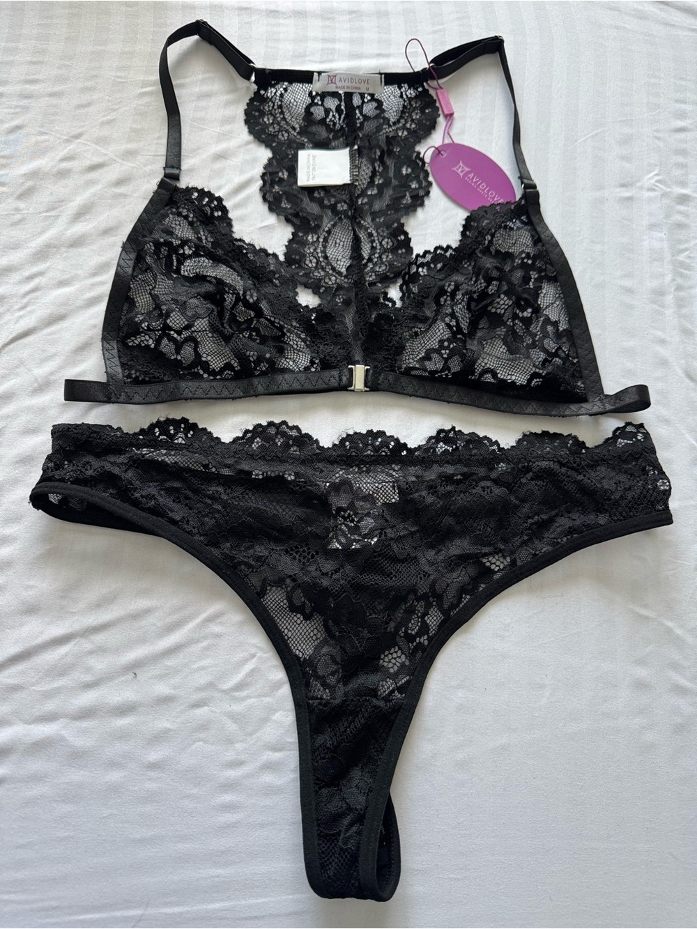 Avidlove Black Lace High-Neck Bralette & Thong Set